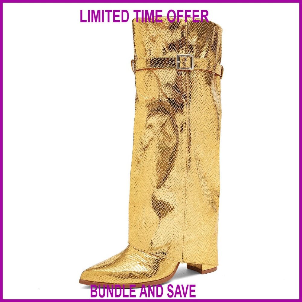 Knee High Boots Shiny Faux Leather Slim Fit Pointed Toe Block Heel